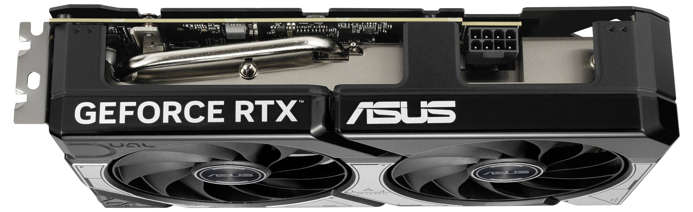 Eine ASUS GeForce RTX Grafikkarte mit zwei Lüftern und einem Metallgehäuse. Obere Ansicht zeigt Stromanschluss und Kühlkörper.