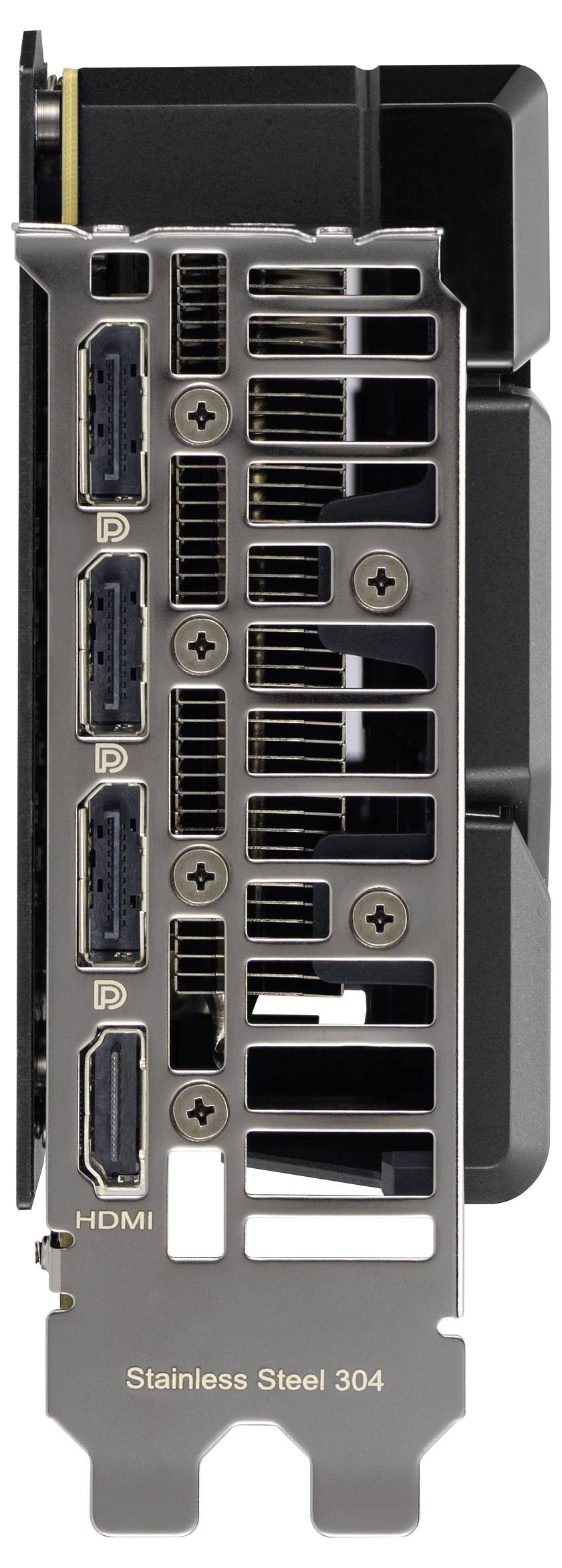 Rückseite einer Grafikkarte mit drei DisplayPort-Anschlüssen und einem HDMI-Anschluss in einem Metallgehäuse. Text: 'Stainless Steel 304'.