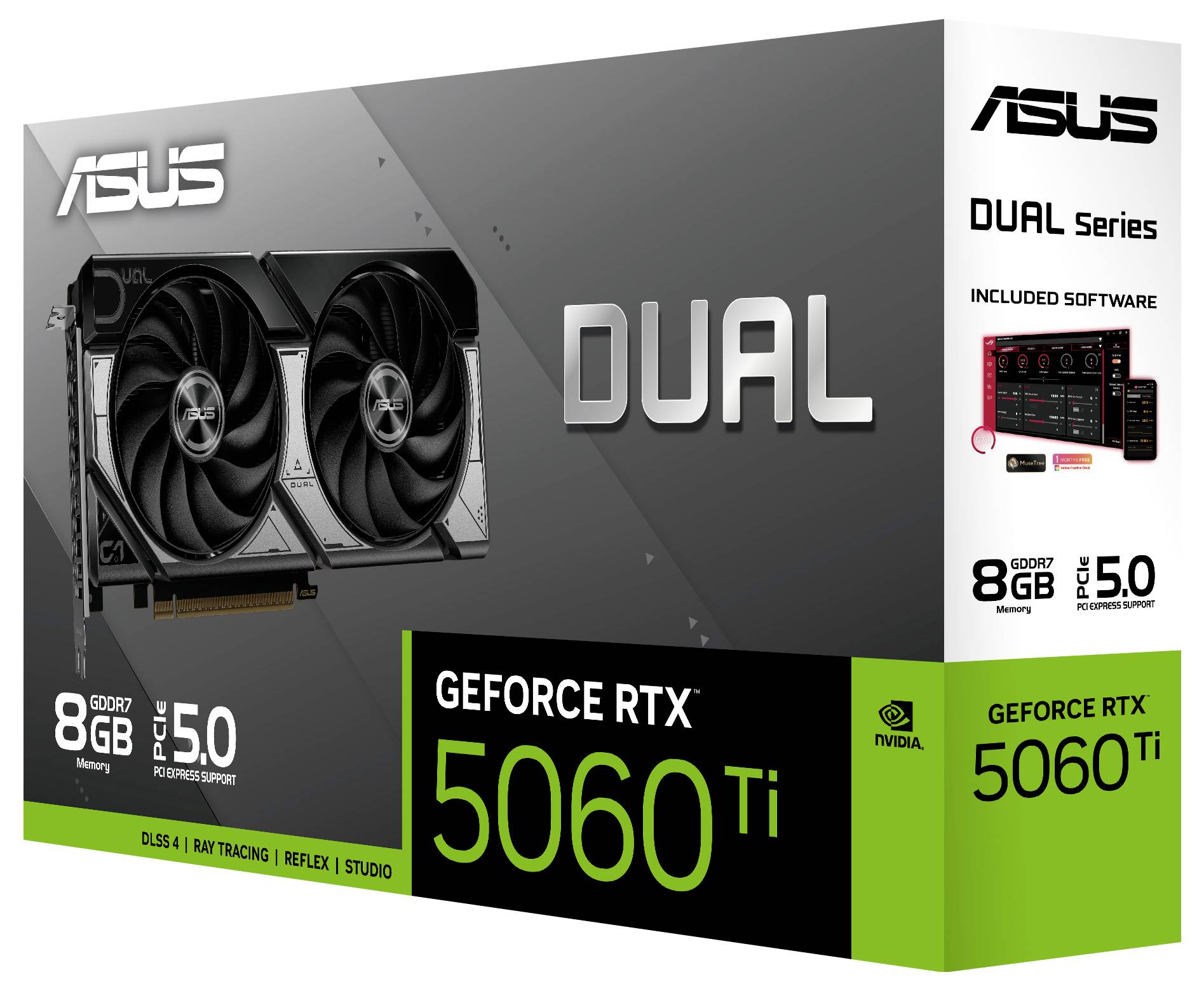 Verpackung einer ASUS Dual GeForce RTX 5060 Ti Grafikkarte mit 8 GB GDDR6-Speicher. Enthält Angaben zu DLSS 3, Ray Tracing und Reflex.