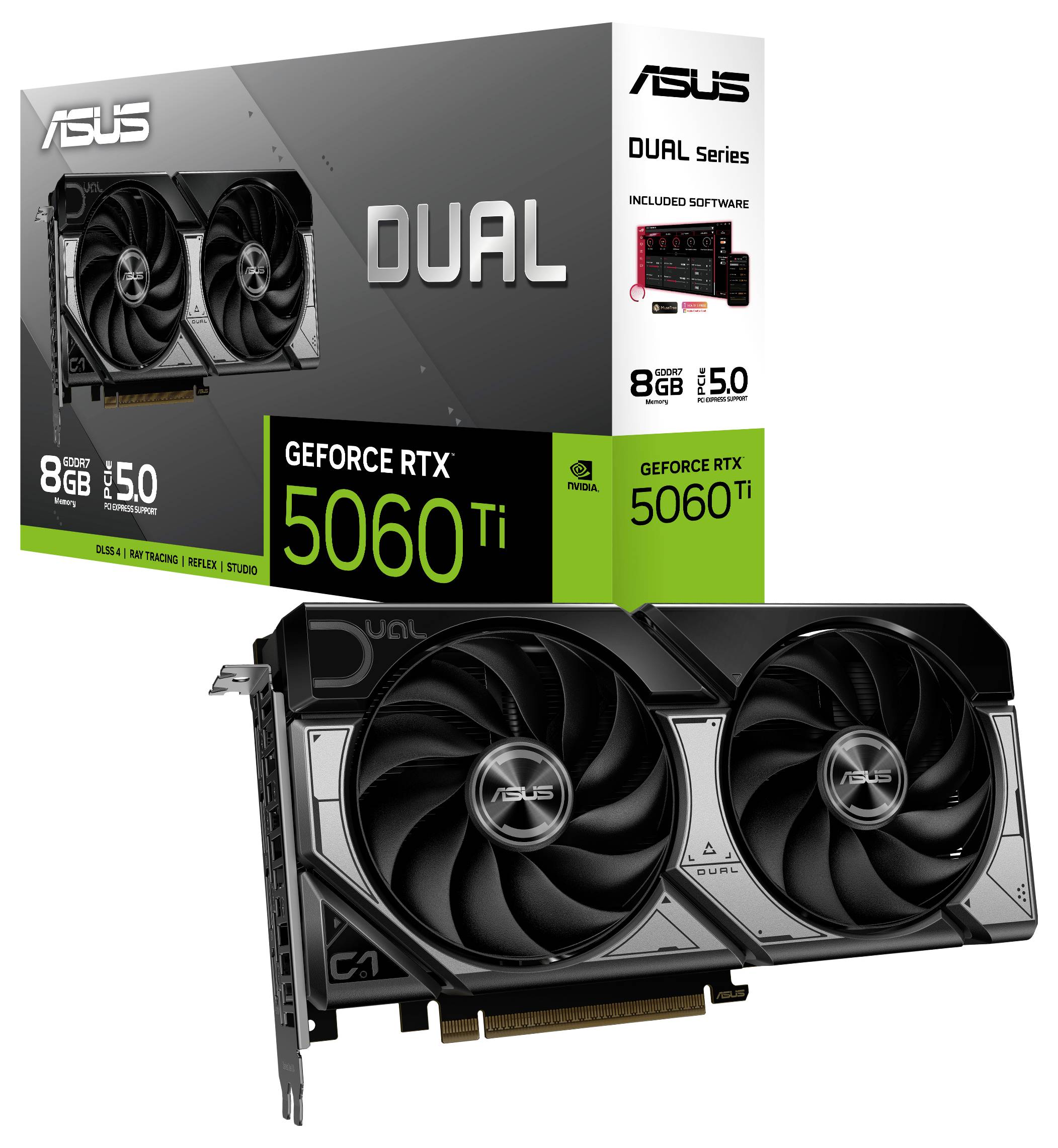'ASUS Dual GeForce RTX 5060 Ti' Grafikkarte und Verpackung, mit zwei Lüftern sichtbar. Enthält Software, 8 GB Speicher, PCIe 5.0.