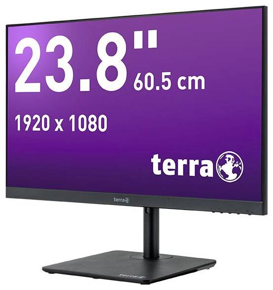 Monitor mit einer Bildschirmdiagonale von 23,8 Zoll (60,5 cm) und einer Auflösung von 1920 x 1080, Marke 'terra'.