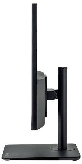 Ein schlanker, schwarzer Computermonitor, seitlich aufgenommen, zeigt das schmale Profil und den verstellbaren Standfuß.