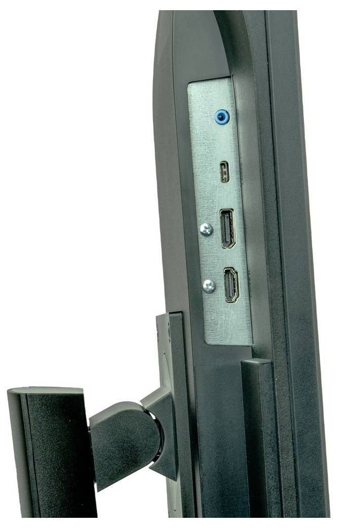 Nahaufnahme eines Monitors mit Anschlüssen an der Seite, darunter HDMI- und USB-Ports. Der Monitor ist auf einer Halterung befestigt.