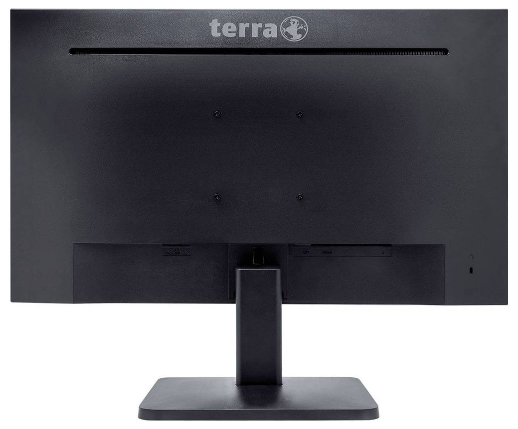 Ein schwarzer Computerbildschirm von hinten, Marke 'terra', auf einem rechteckigen Standfuß.