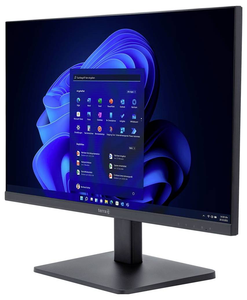 Ein schwarzer Monitor zeigt einen Desktop mit geöffneter Startmenüleiste und blauer abstrakter Hintergrundgrafik.
