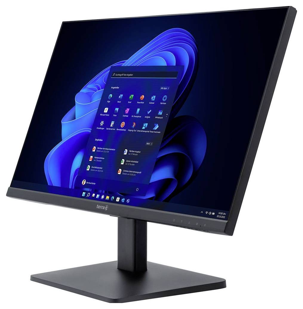 Ein schwarzer Computermonitor mit Windows-Desktop ist schräg von der Seite zu sehen. Auf dem Bildschirm sind Symbole und ein Menü sichtbar.