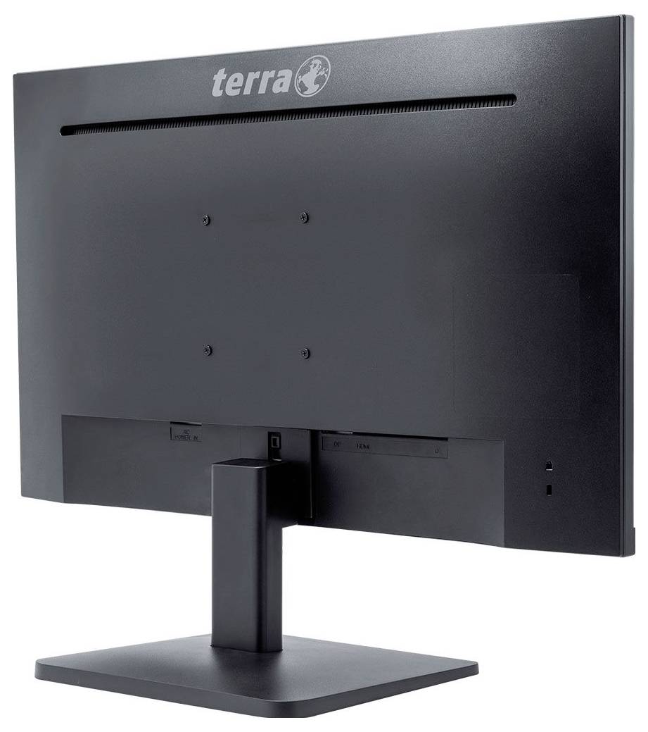 Rückseite eines schwarzen Computermonitors mit der Aufschrift 'terra' oben in der Mitte, auf einem rechteckigen Standfuß.