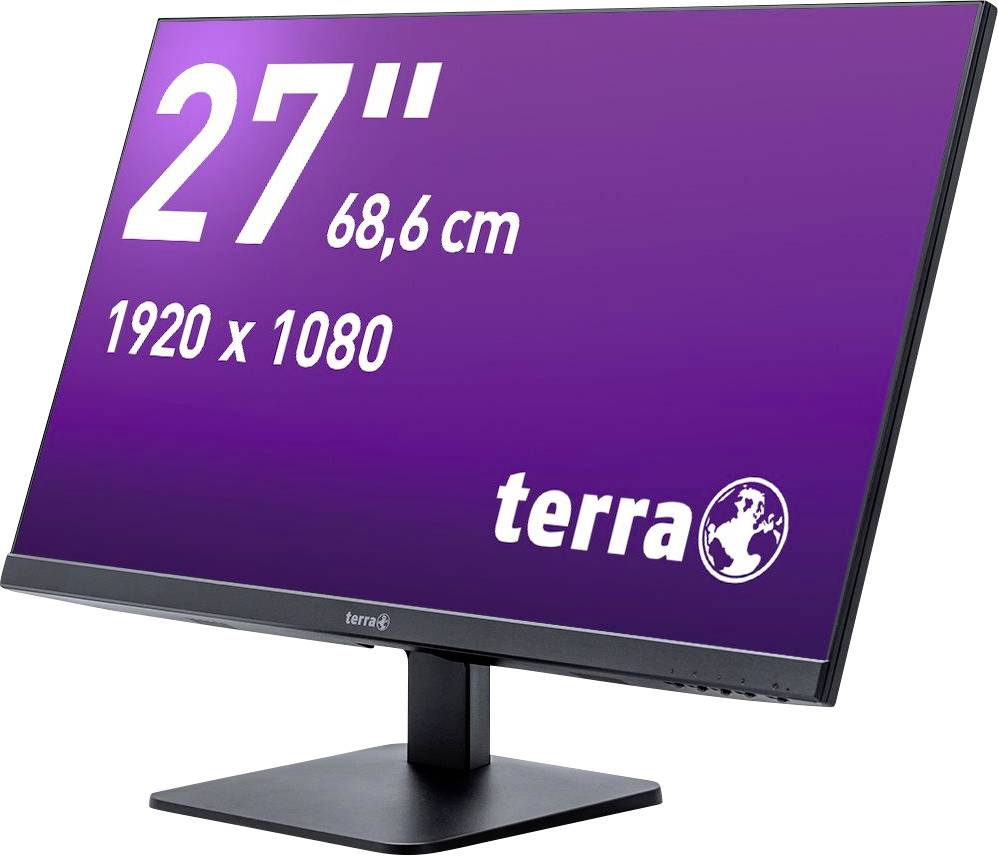 27-Zoll-Monitor mit 68,6 cm Bildschirmdiagonale, Auflösung 1920 x 1080 Pixel, lila Hintergrund mit 'terra'-Logo unten rechts.