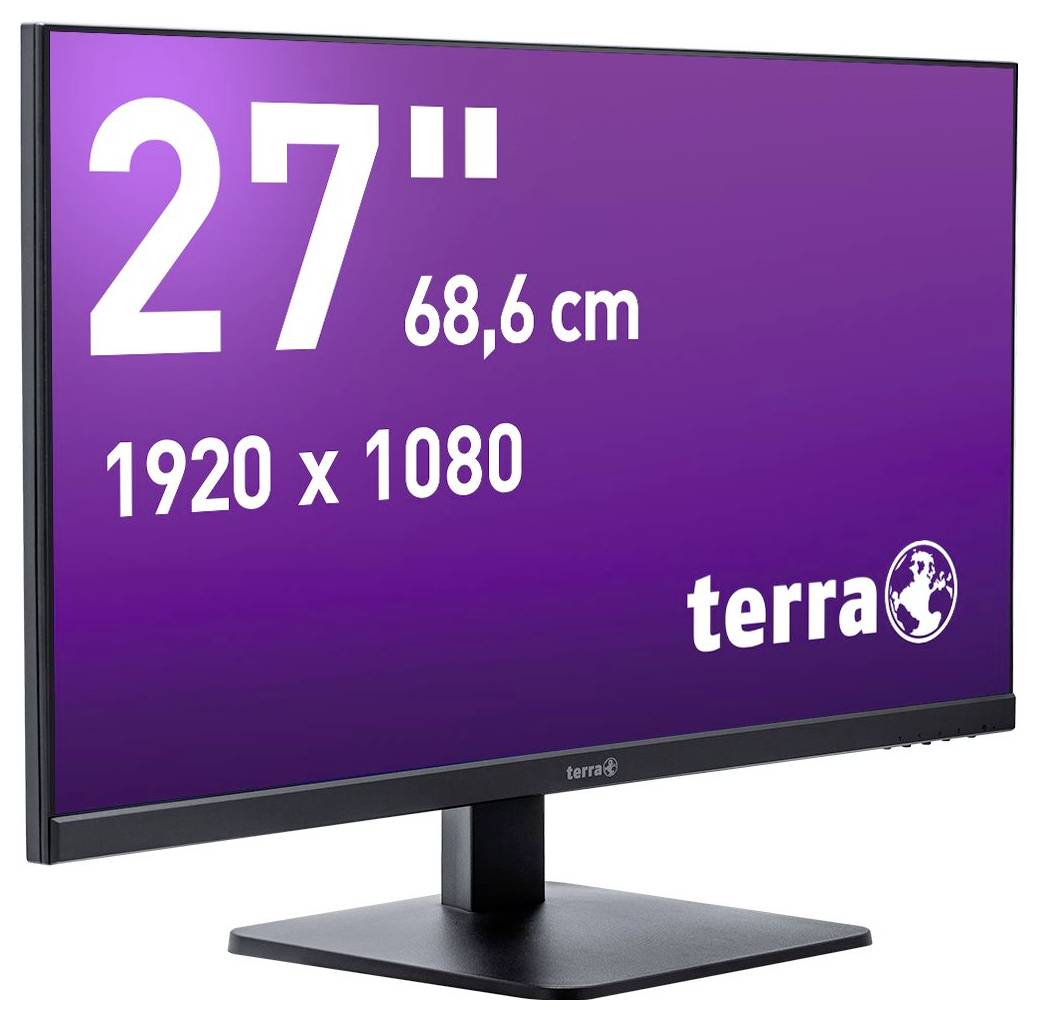 27-Zoll-Monitor von Terra, 68,6 cm Bilddiagonale, Auflösung 1920 x 1080. Schwarzer Rahmen, lila Hintergrund.