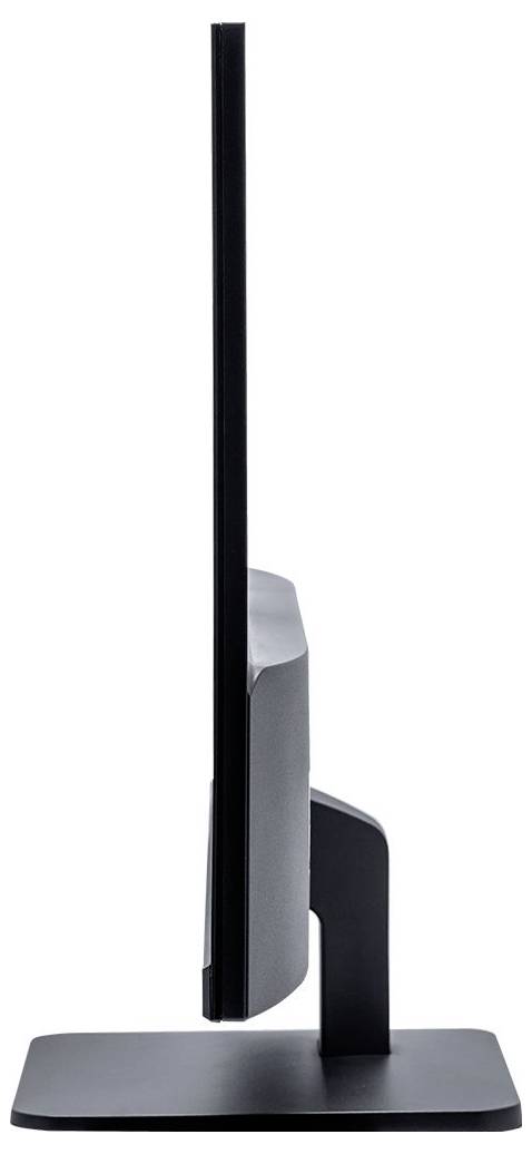 Ein ultradünner Computermonitor von der Seite, auf einem rechteckigen Standfuß montiert.