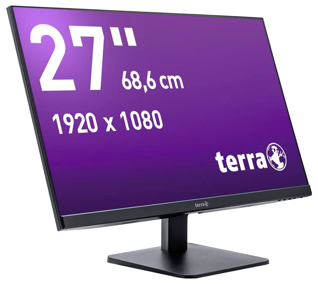 'Terra'-Monitor in Seitenansicht. Bildschirm zeigt Spezifikationen: 27 Zoll (68,6 cm), Auflösung 1920 x 1080.