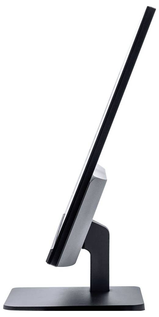 Flacher Computermonitor von der Seite, zeigt dünnes Profil auf schwarzem Standfuß.