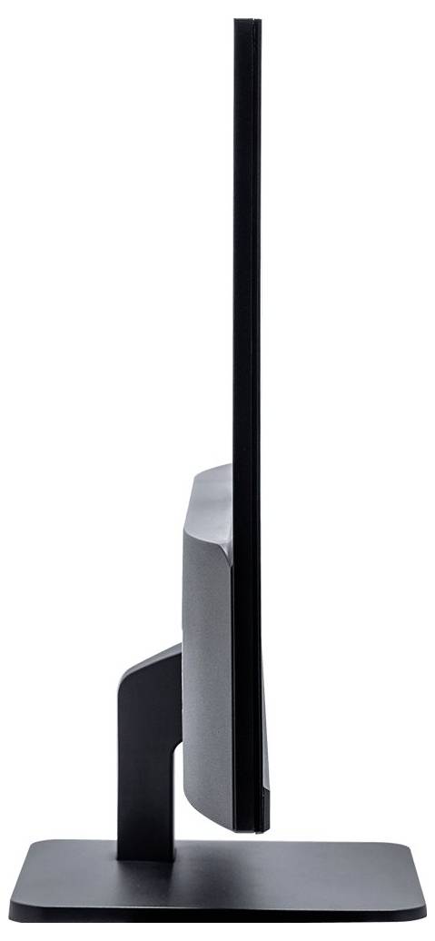 Ein seitliches Profil eines sehr dünnen Computermonitors auf einem Standfuß, zeigt die schlanke Bauweise des Bildschirms.