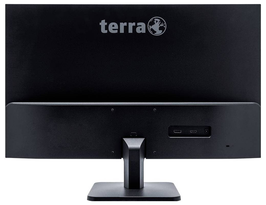 Schwarzer Computerbildschirm von hinten, Marke 'terra', mit sichtbaren Anschlüssen auf der Rückseite.