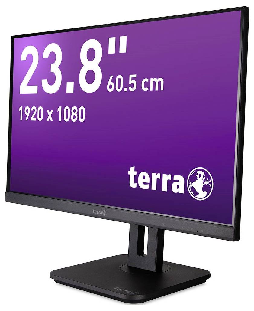 Ein schwarzer Monitor von der Seite mit 23,8 Zoll Bildschirmdiagonale, Auflösung 1920x1080, violetter Hintergrund mit 'terra'-Logo.