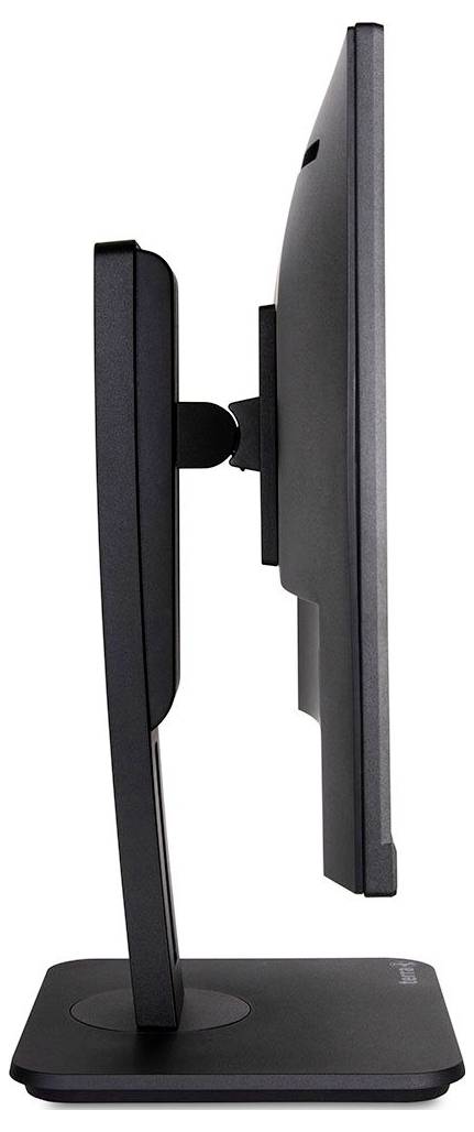 Ein schwarzer Computerbildschirm von der Seite, zeigt schlankes Design und verstellbaren Standfuß.