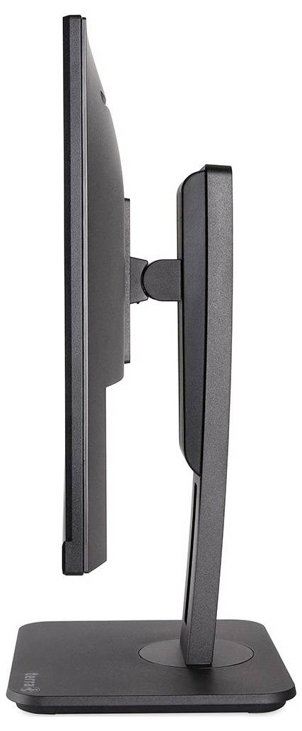 Seitenansicht eines dünnen Computerbildschirms auf einem verstellbaren Ständer.