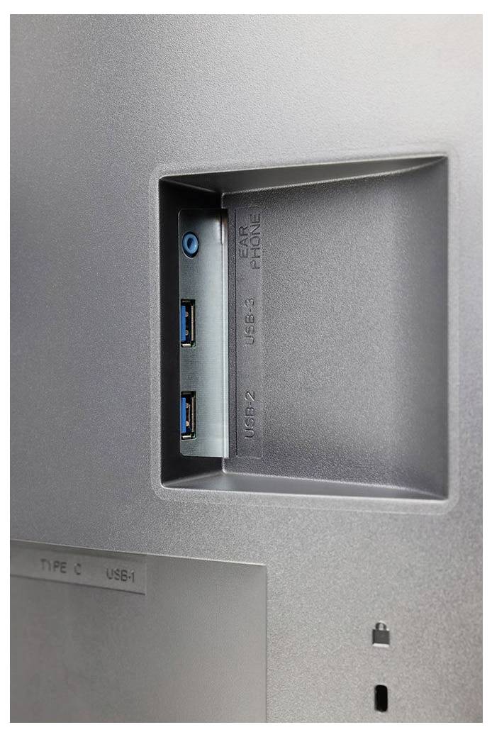 USB- und Kopfhöreranschluss auf der Rückseite eines Monitors oder Gerätes. Zwei USB-Anschlüsse, ein Kopfhörer-Eingang.