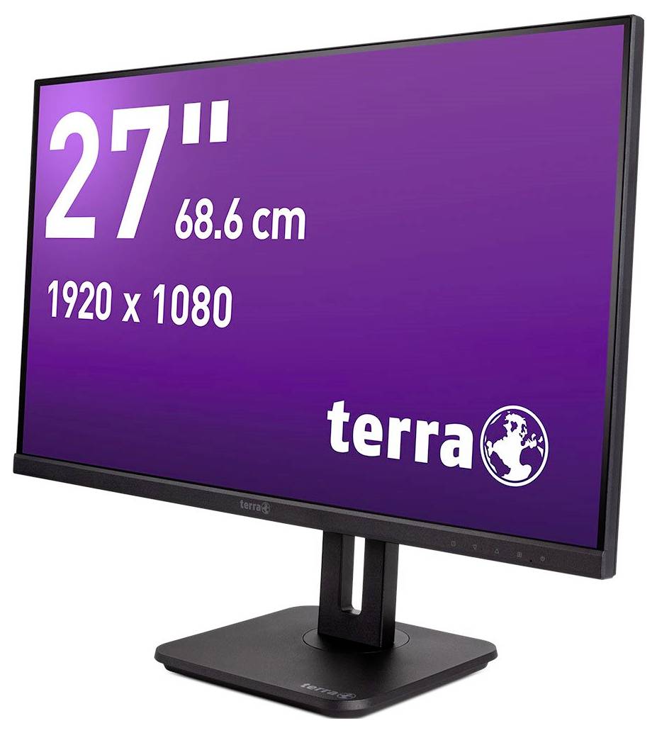 Ein schwarzer Computermonitor von terra mit einem 27 Zoll Bildschirm, 68,6 cm Diagonale und einer Auflösung von 1920 x 1080.
