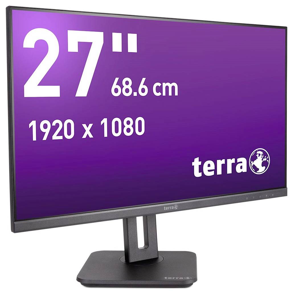 27 Zoll Monitor mit Auflösung 1920 x 1080, Marke Terra. Entspiegeltes Display auf schwarzem Standfuß, lila Hintergrund.