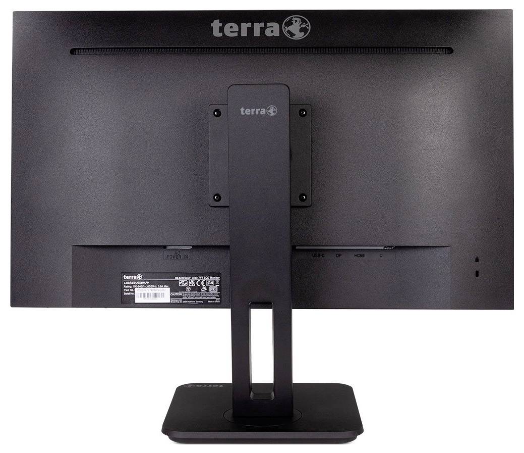 Ein schwarzgrauer Computerbildschirm der Marke 'terra', rückwärtige Ansicht, auf einem rechteckigen Standfuß montiert.