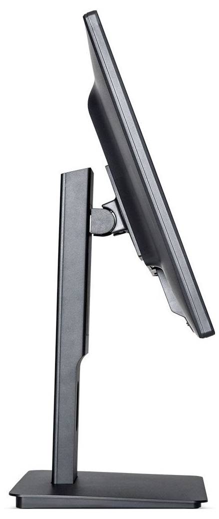 Seitenansicht eines schwarzen Computerbildschirms auf einem verstellbaren Ständer. Der Bildschirm ist vertikal leicht nach hinten geneigt.