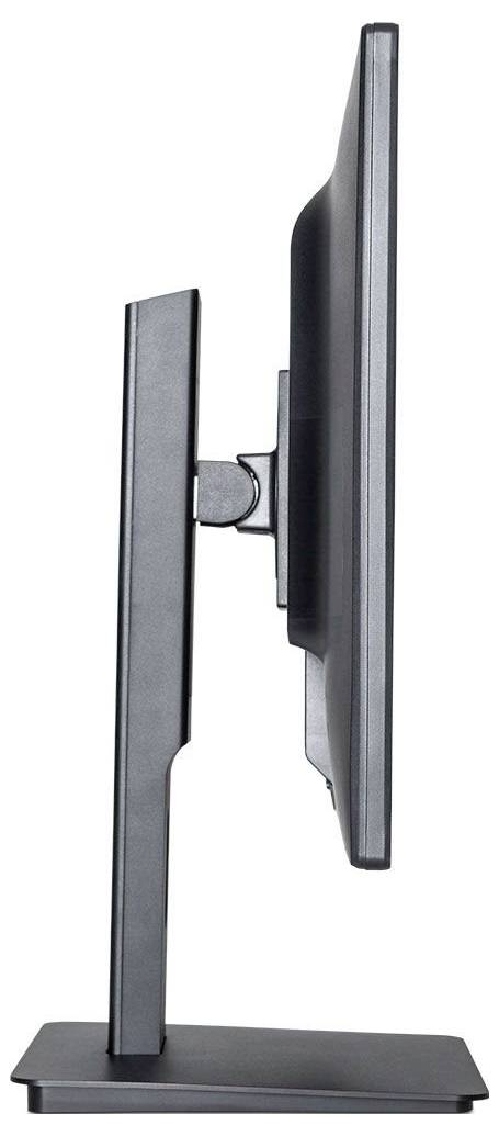 Seitenansicht eines schwarzen Computermonitors auf einem rechteckigen Standfuß, zeigt dünnes und platzsparendes Design.