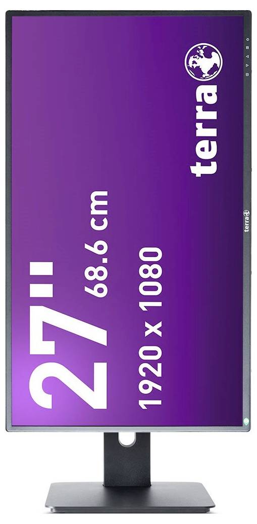 Ein 27-Zoll-Bildschirm (68,6 cm) von Terra, mit einer Auflösung von 1920x1080. Das Design ist schlicht mit violettem Hintergrund.