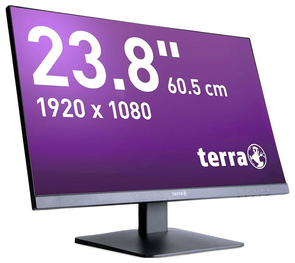 Monitor mit 23,8 Zoll (60,5 cm) Bildschirmdiagonale, Full HD 1920x1080 Auflösung, lila Hintergrund mit 'terra' Logo.