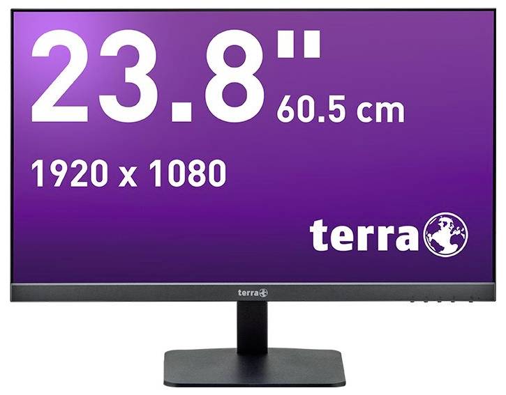 Monitor terra 23,8 Zoll, 60,5 cm, mit Full-HD-Auflösung 1920 x 1080. Schwarzer Rand, lila Bildschirmhintergrund.