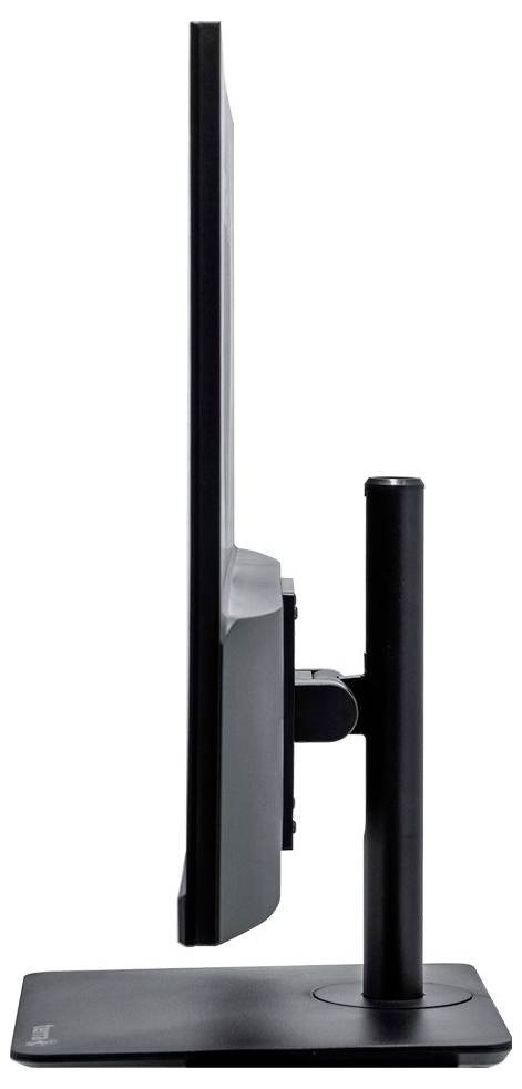Seitliche Ansicht eines flachen, schwarzen Computermonitors auf einem höhenverstellbaren, stabilen Ständer.
