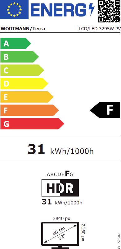 Energieeffizienzklasse F für LCD/LED-Bildschirm. Verbrauch: 31 kWh/1000h. Bildschirmdiagonale: 80 cm (32 Zoll).