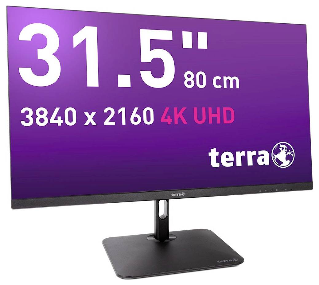 Monitor in der Größe von 31,5 Zoll (80 cm) mit einer Auflösung von 3840 x 2160 4K UHD. Markenname 'terra' unten rechts auf dem Bildschirm.