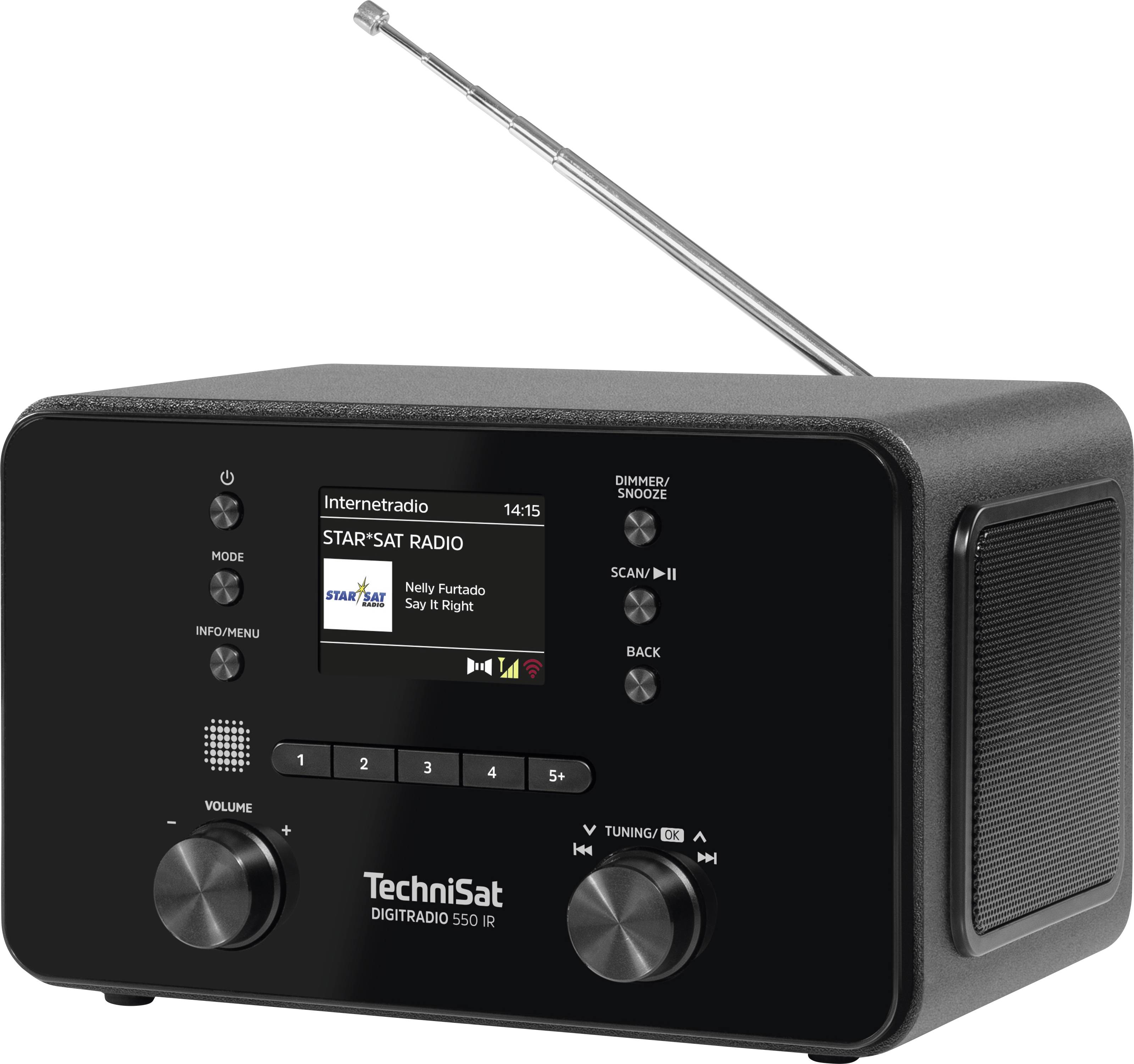 Schwarzes Digitalradio mit Display zeigt Musiktitel, Lautstärkeregler, Tuning- und Modus-Tasten, eingeklappte Antenne oben.