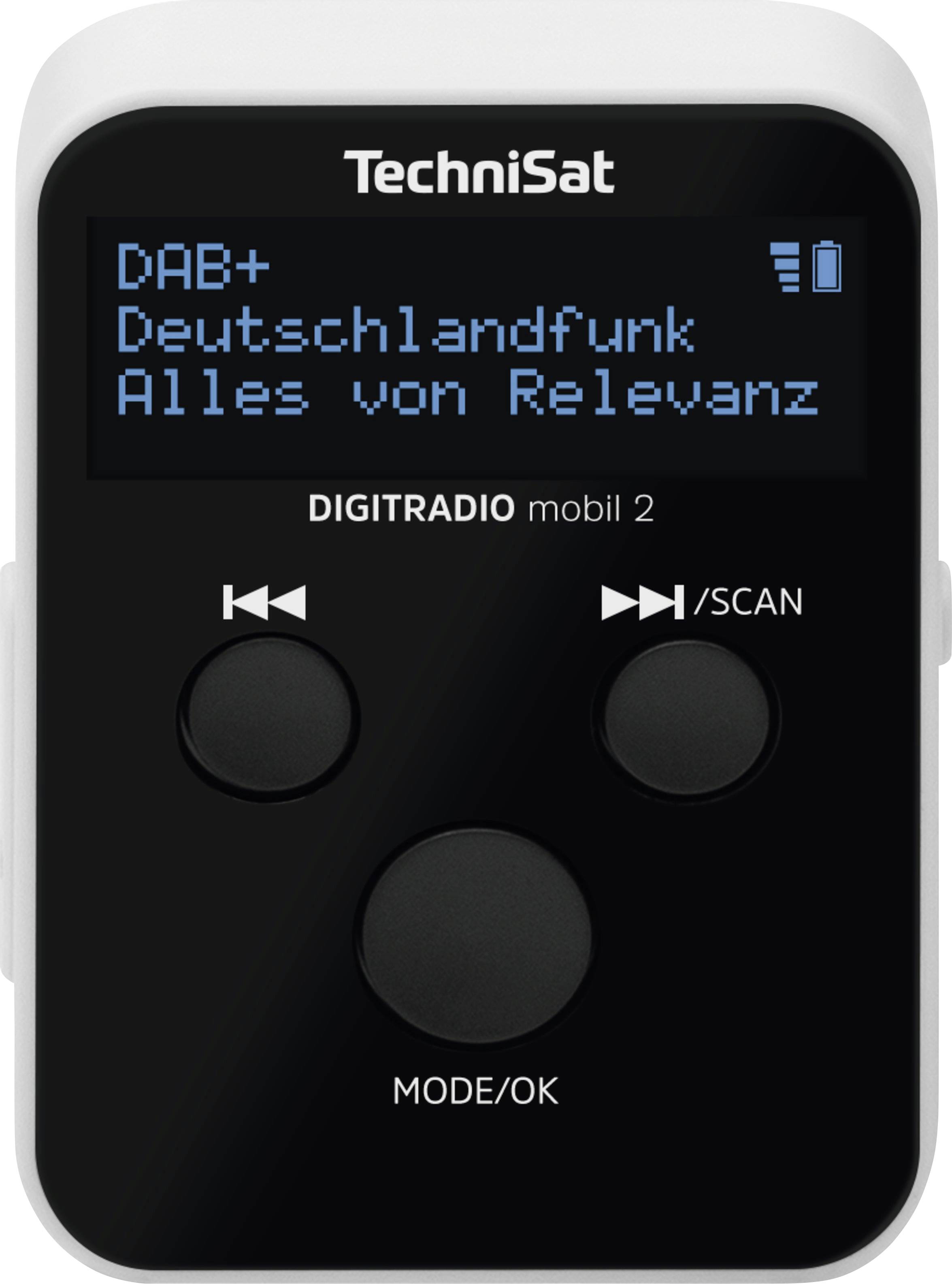 Tragbares Digitalradio mit Display zeigt 'DAB+ Deutschlandfunk Alles von Relevanz'. Vier Tasten, Markenname Technisat oben.
