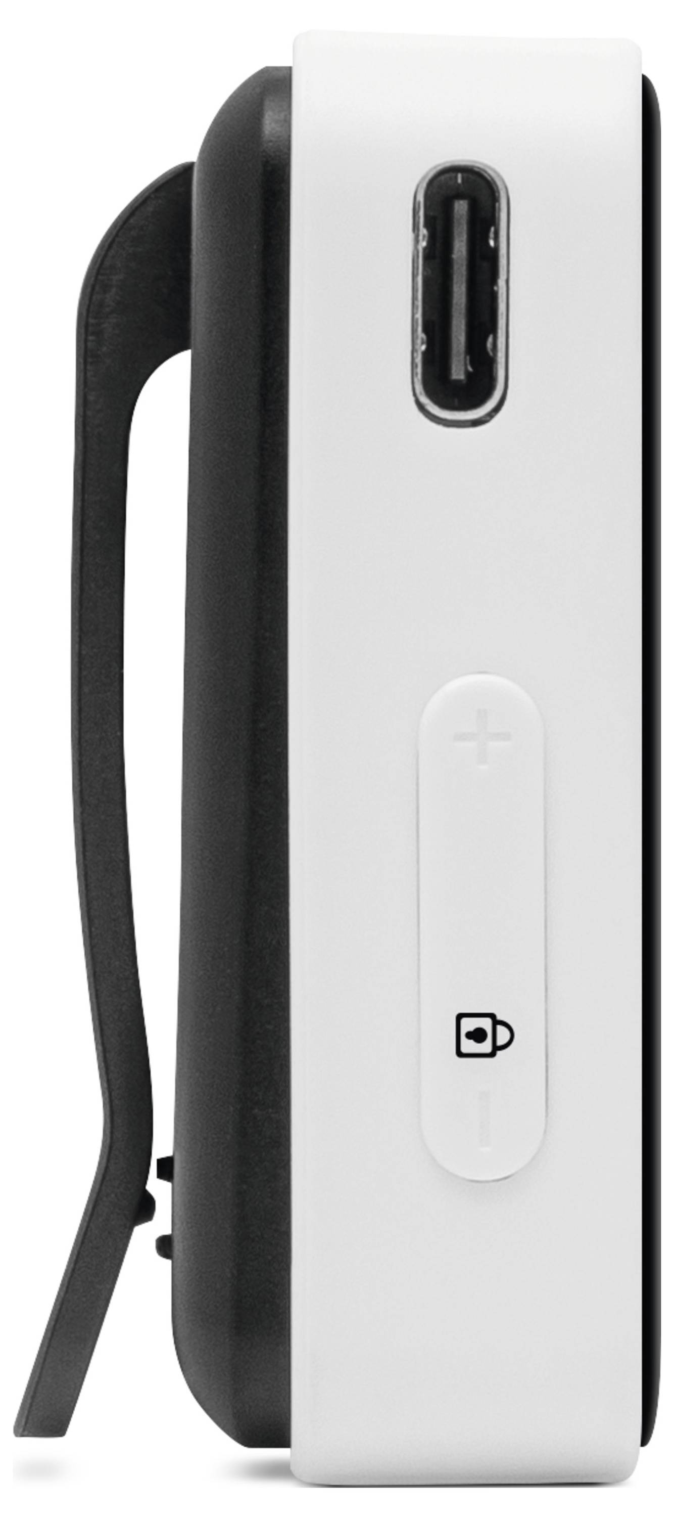 Seitliche Ansicht eines schwarz-weißen elektronischen Geräts mit USB-Anschluss und Lautstärketasten.