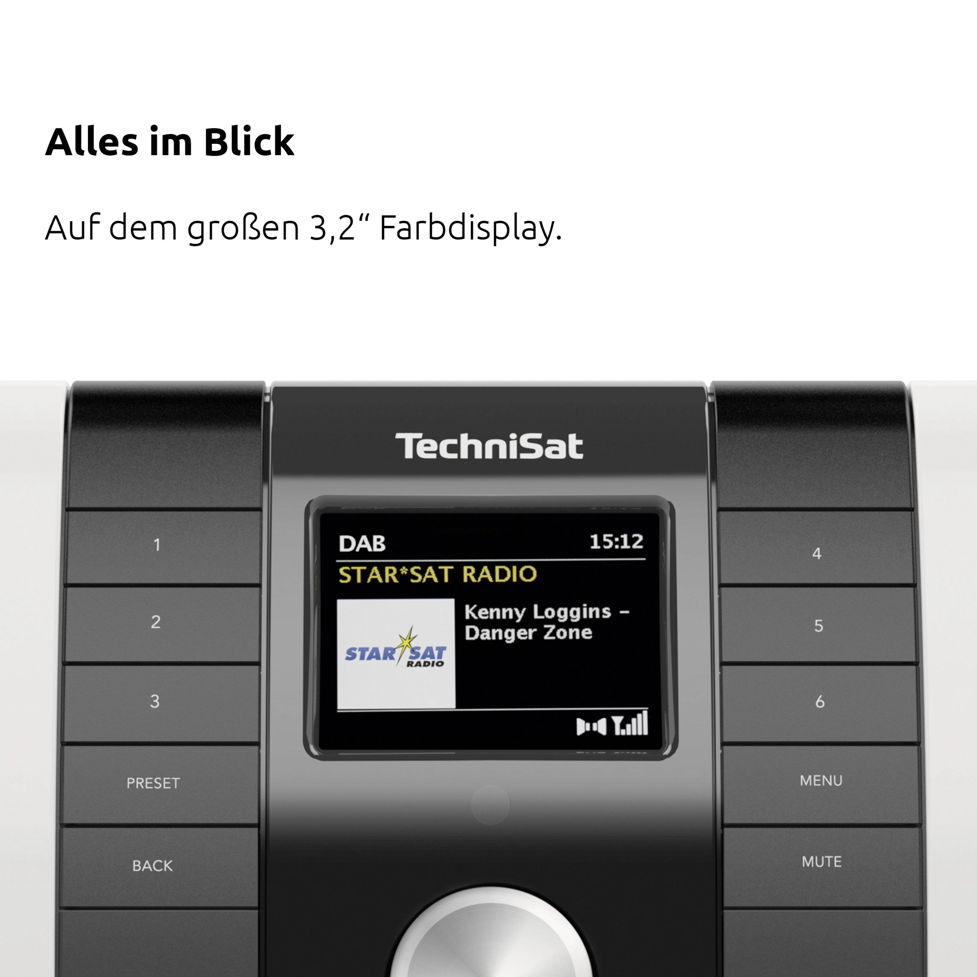Radio mit 3,2-Zoll-Farbdisplay zeigt 'Kenny Loggins - Danger Zone' im aktuellen Titel an. Links und rechts vom Display befinden sich Funktionstasten.