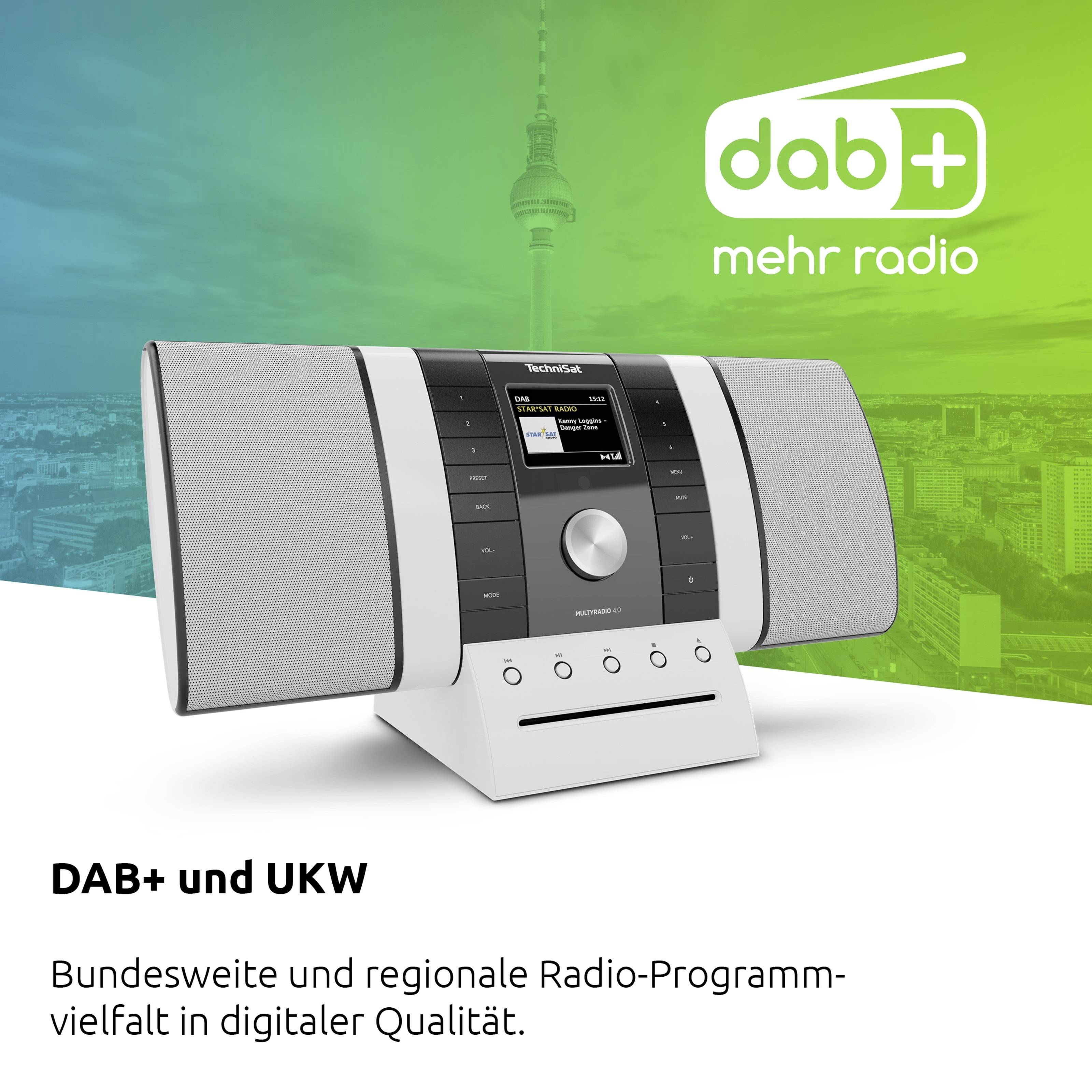 Ein Radio mit DAB+ und UKW-Optionen, vor grünem Hintergrund mit Berlin-Fernsehturm. Text: 'Bundesweite und regionale Radio-Programmvielfalt in digitaler Qualität.'