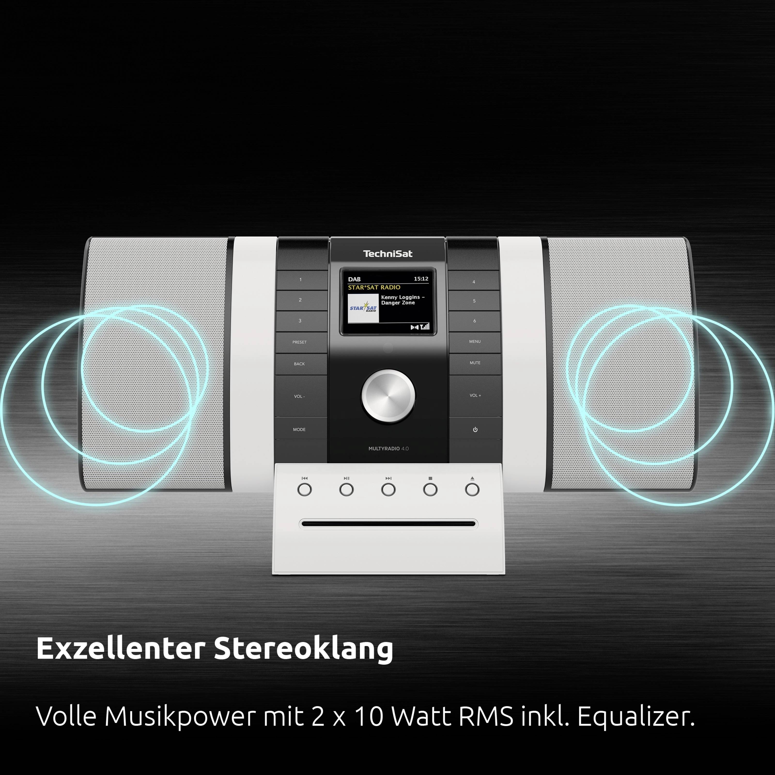 Stereoanlage mit Display und Equalizer. Text: 'Exzellenter Stereoklang'. Leistung: '2 x 10 Watt RMS'.