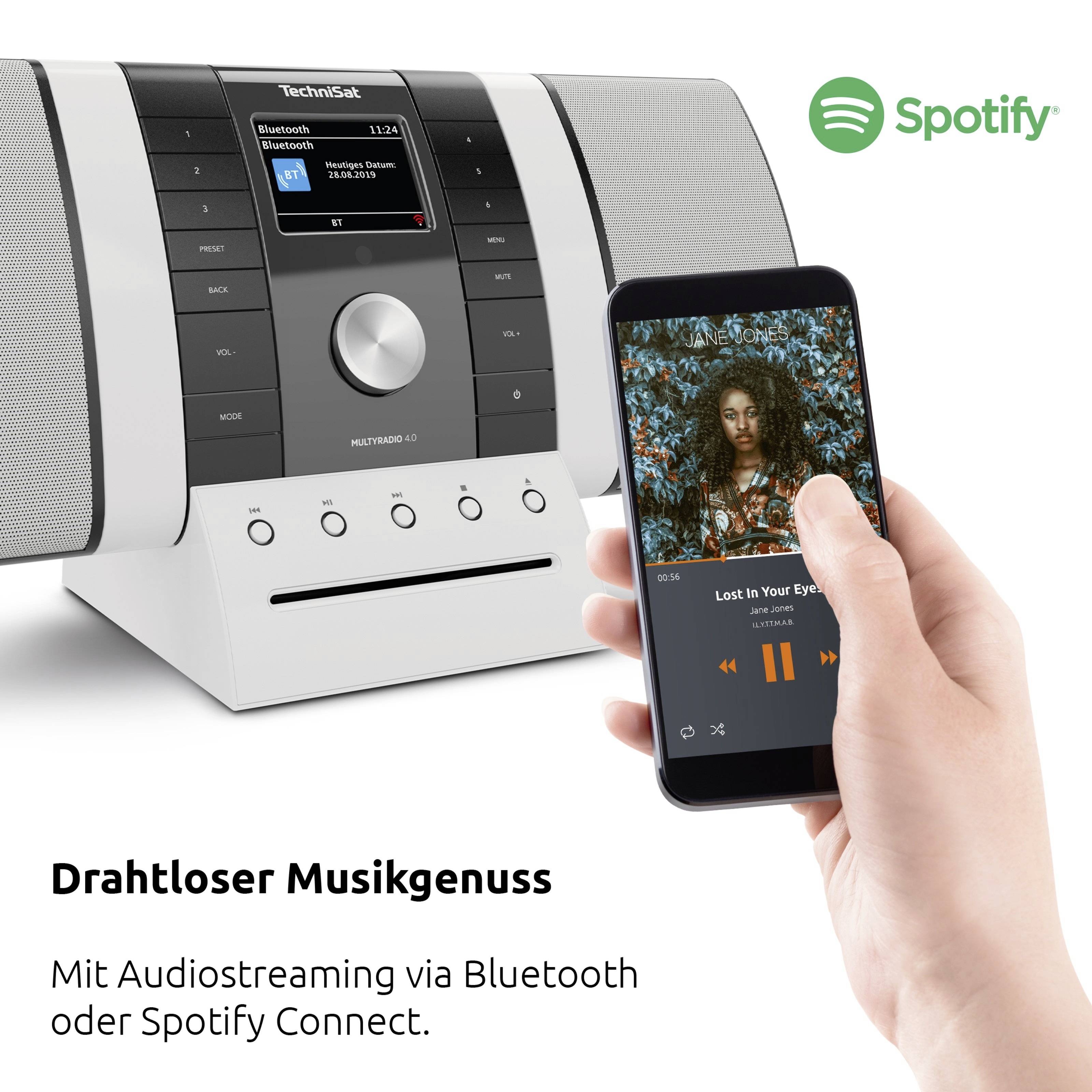 Ein Smartphone streamt Musik über einen Lautsprecher. Grünes Spotify-Logo oben rechts. Text unten: 'Drahtloser Musikgenuss'.
