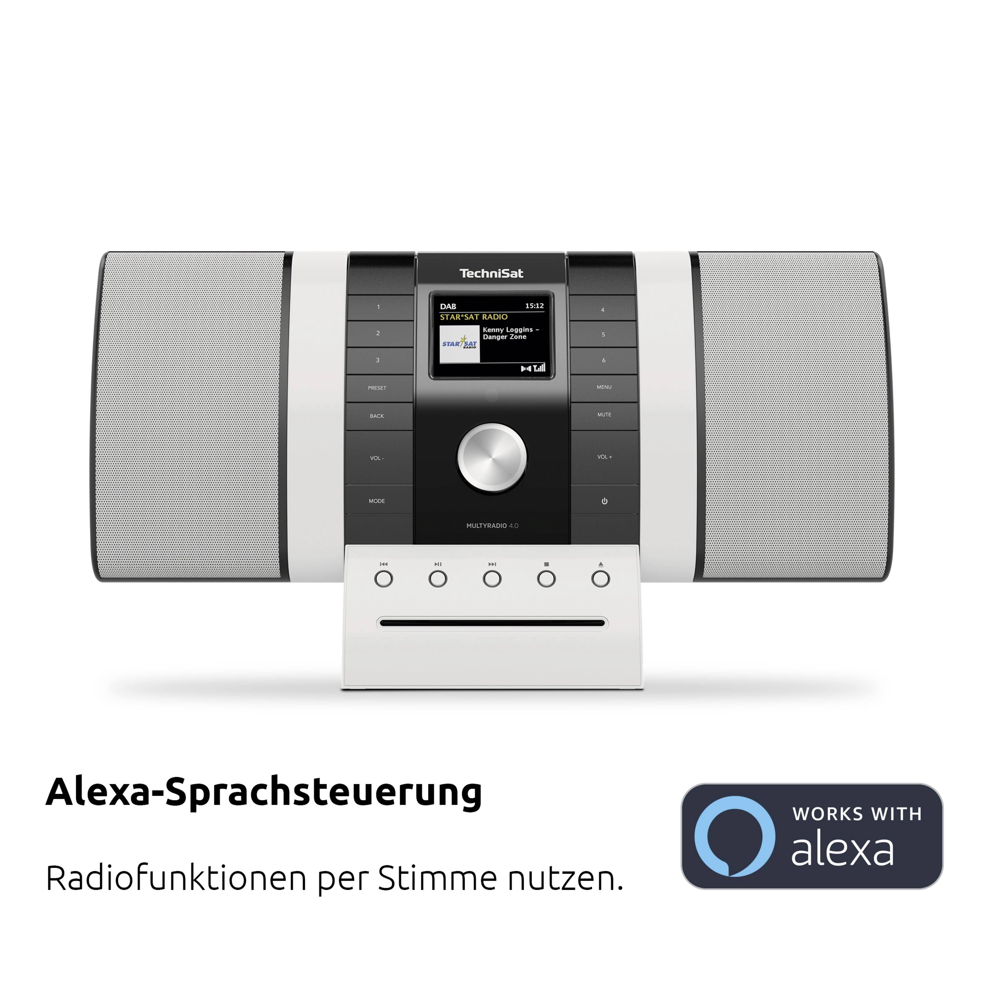 TechniSat-Radio mit grauen Lautsprechern, unterstützt Alexa-Sprachsteuerung für Radiofunktionen.