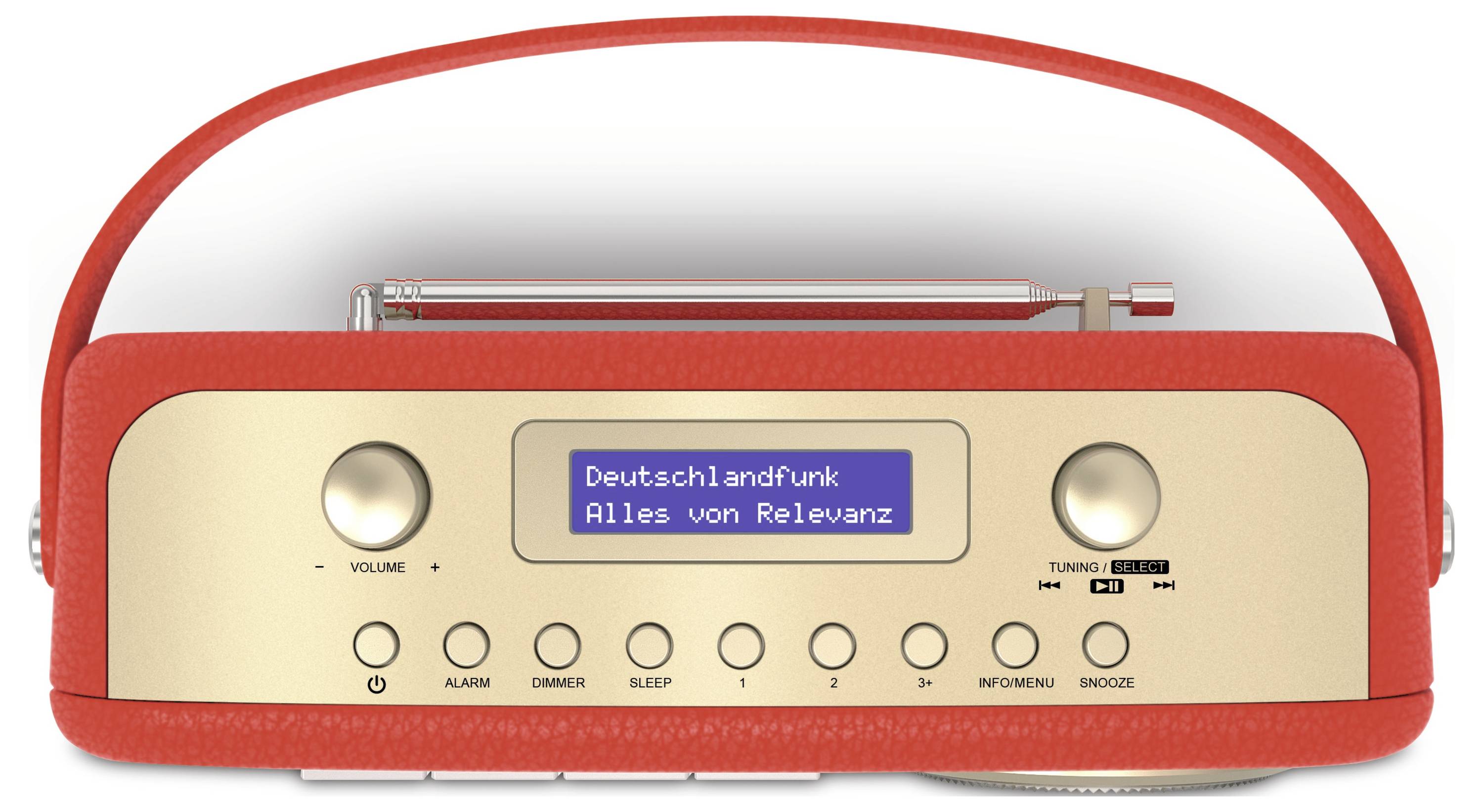 Ein rotes Retro-Radio mit einem Display, das 'Deutschlandfunk - Alles von Relevanz' zeigt. Oben befindet sich eine Antenne.