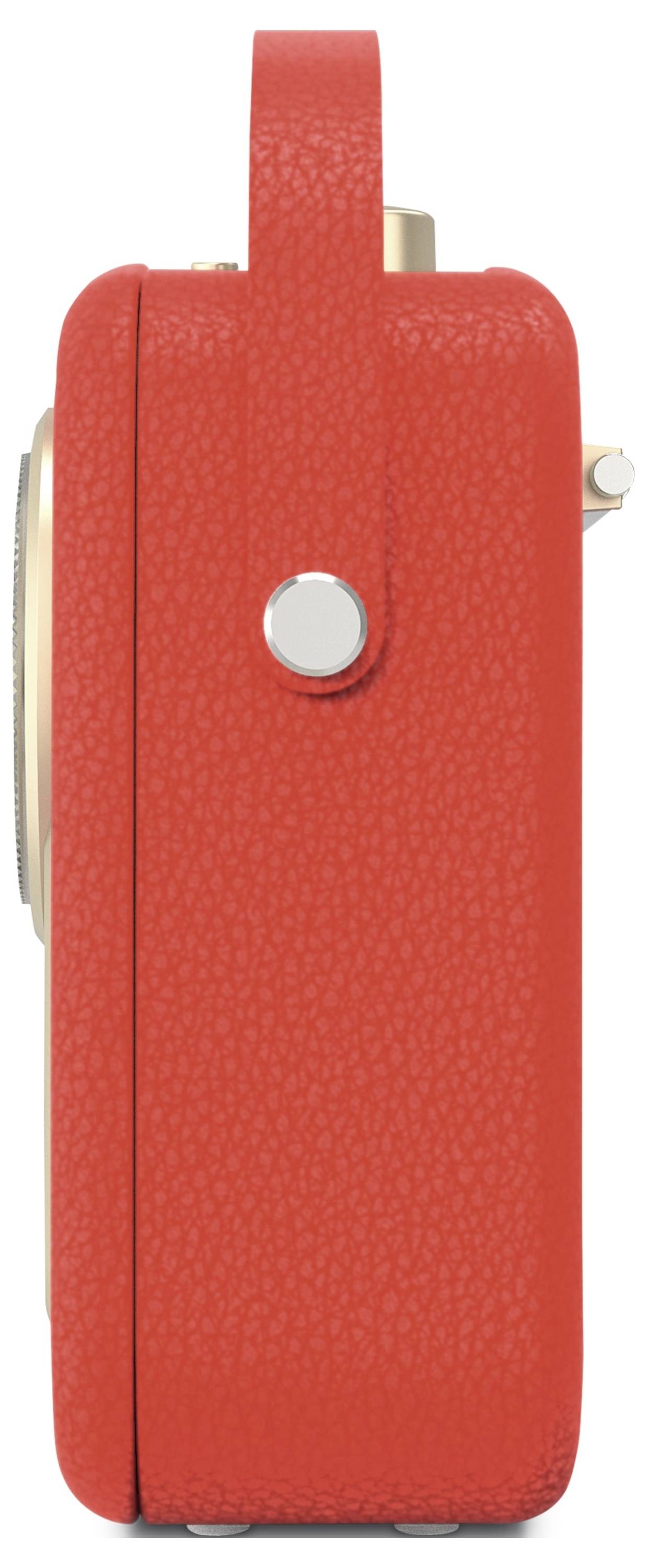 Seitenansicht einer rot gedruckten Kamera mit goldenem Objektiv und Knöpfen, zeigt ein modernes, kompaktes Design.