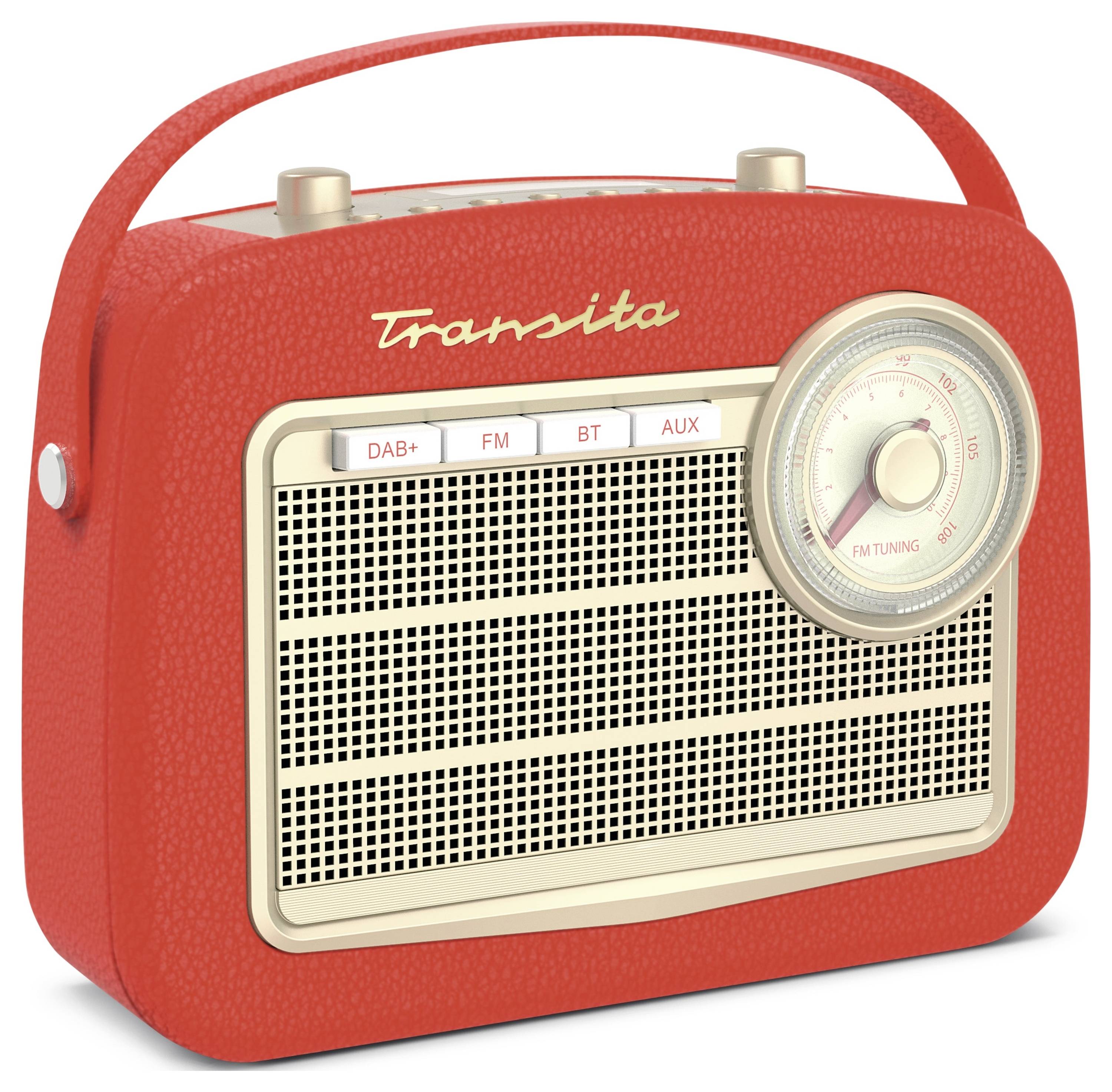 Rotes Retro-Radio mit Tragegriff, großen Lautsprechern und Drehknopf für Frequenzeinstellung.beschriftet mit 'Transit'.
