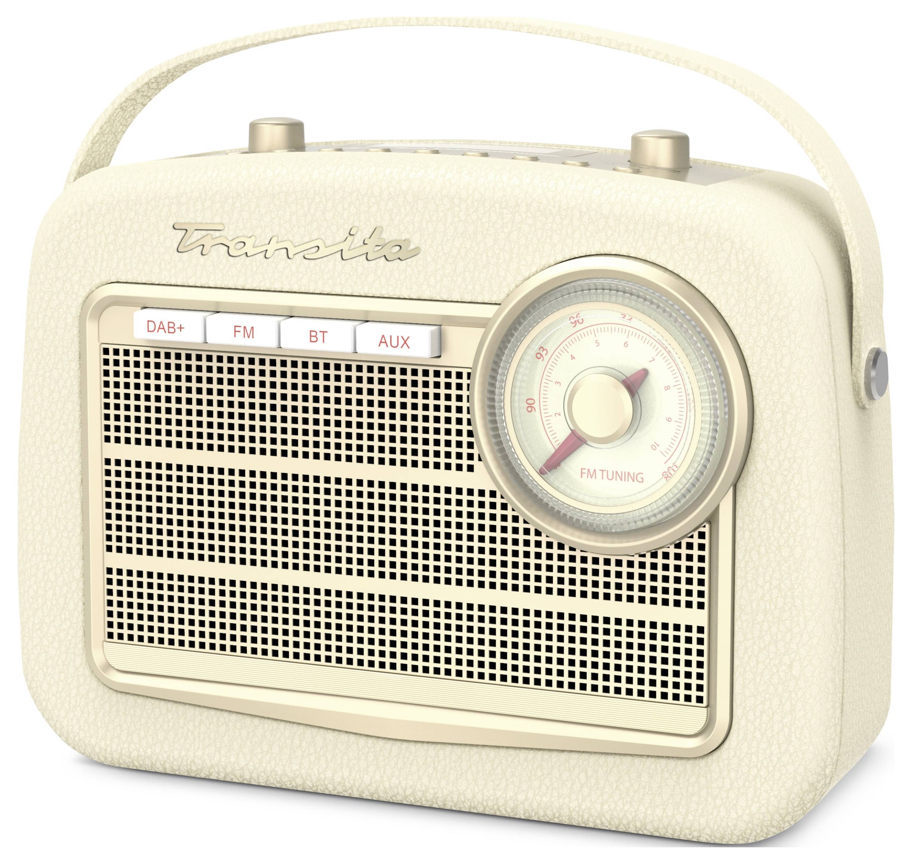 Ein cremefarbenes Retro-Radio mit Drehknopf für Feineinstellung, oberen Tasten für DAB+, FM, BT, und AUX. Vintage-Design.