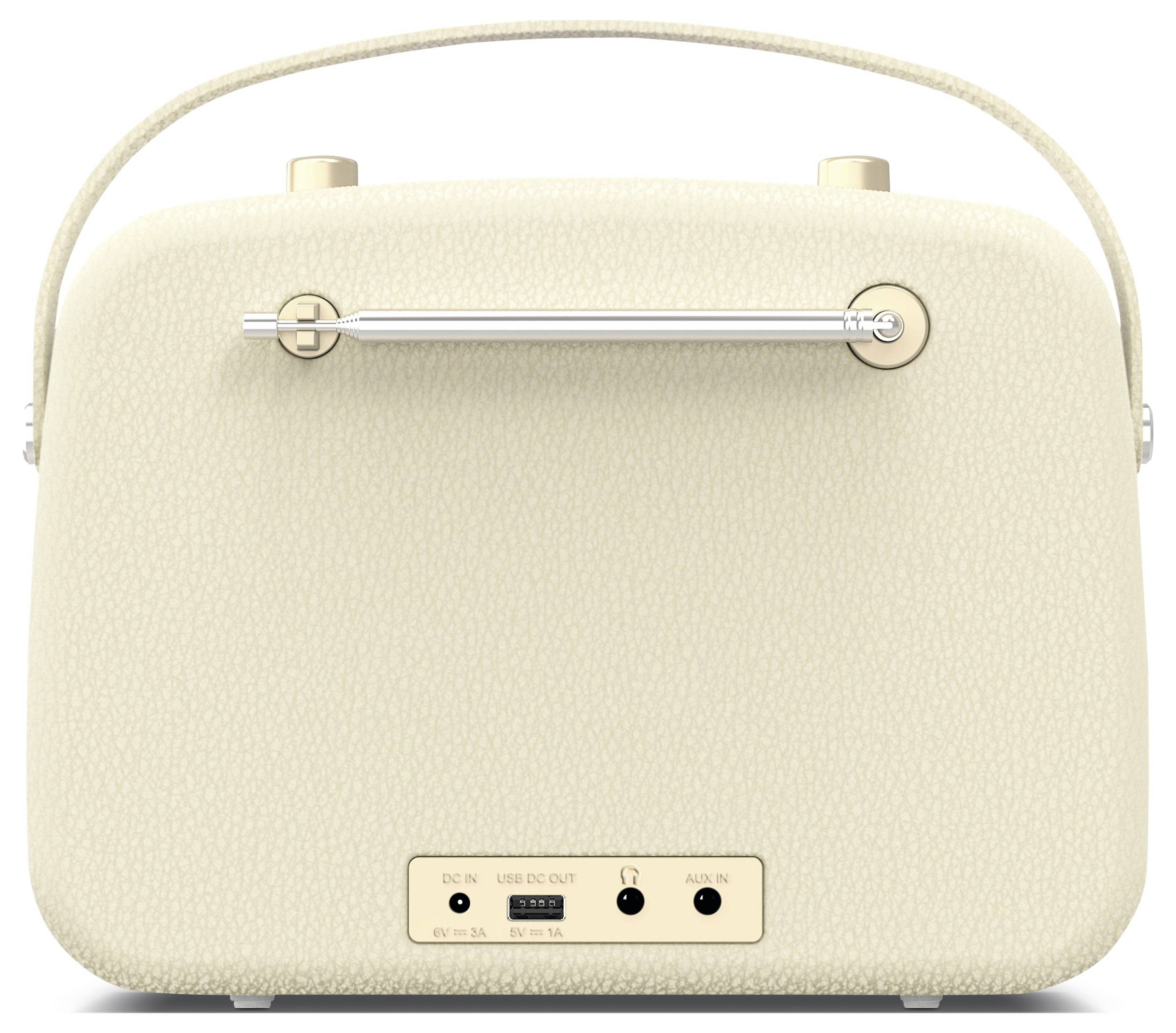 Kompakter, cremefarbener Radio mit Tragegriff und Anschlüssen an der Rückseite. Design im Retro-Stil, ohne sichtbare Marken.