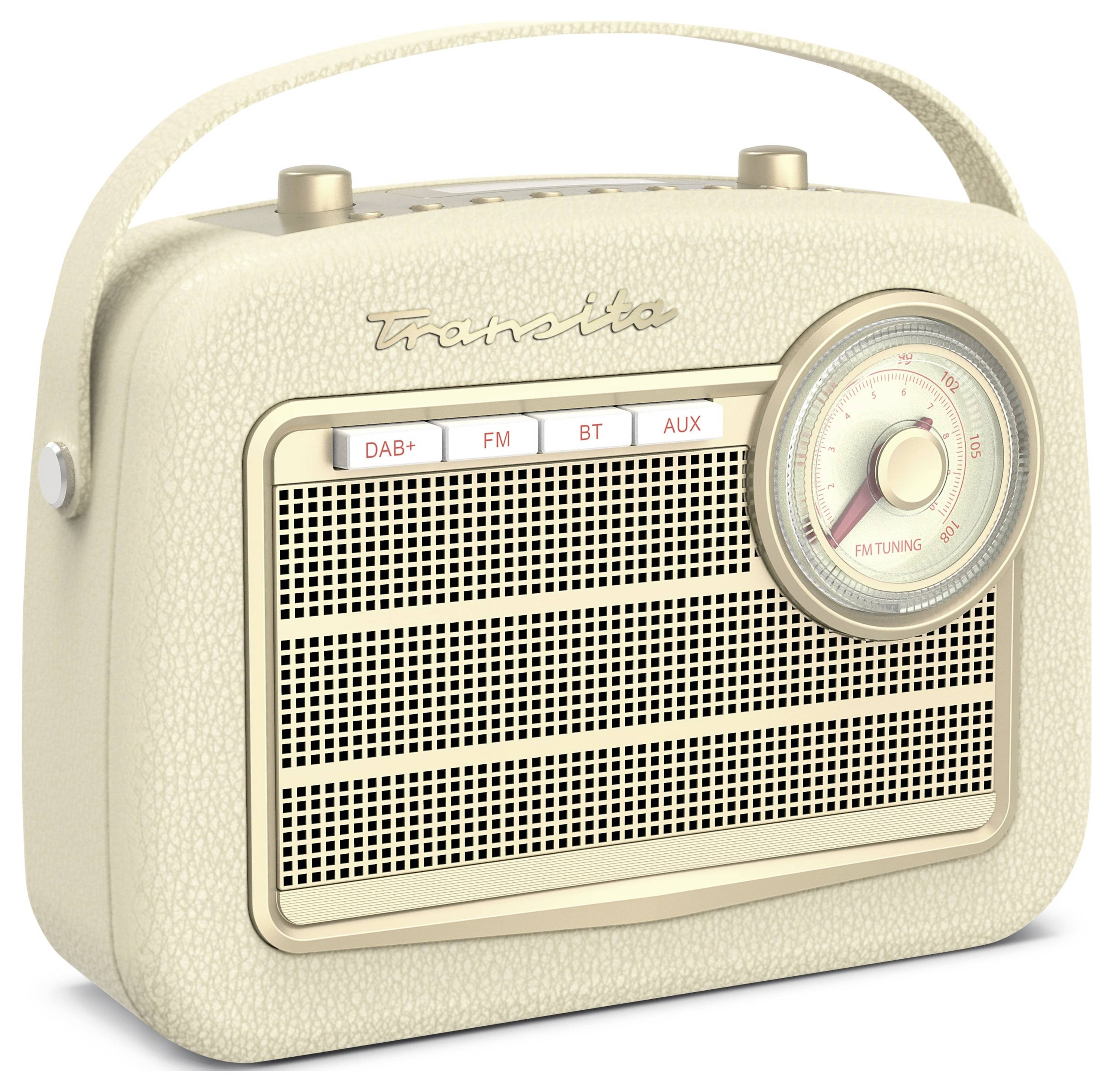 Ein cremefarbenes Retro-Radio mit Tragegriff, runden Lautsprechergittern und einem großen, seitlichen Drehknopf für Frequenzeinstellungen.