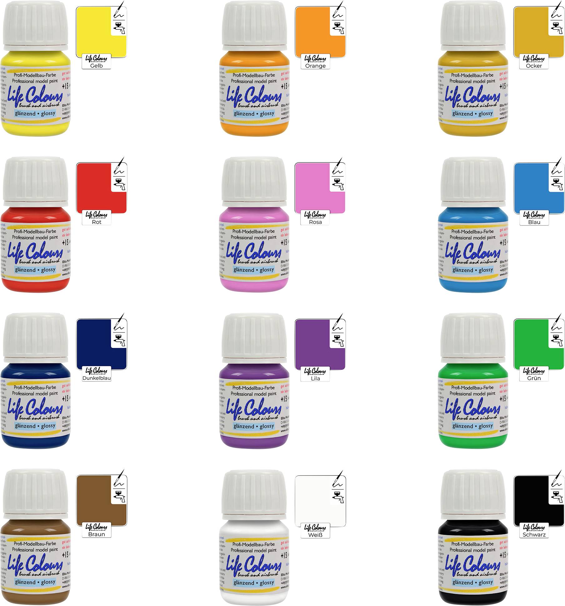Das Bild zeigt zwölf Flaschen 'Life Colors'-Farben in verschiedenen Farbtönen. Jede Flasche ist mit einer Farbkarte versehen.