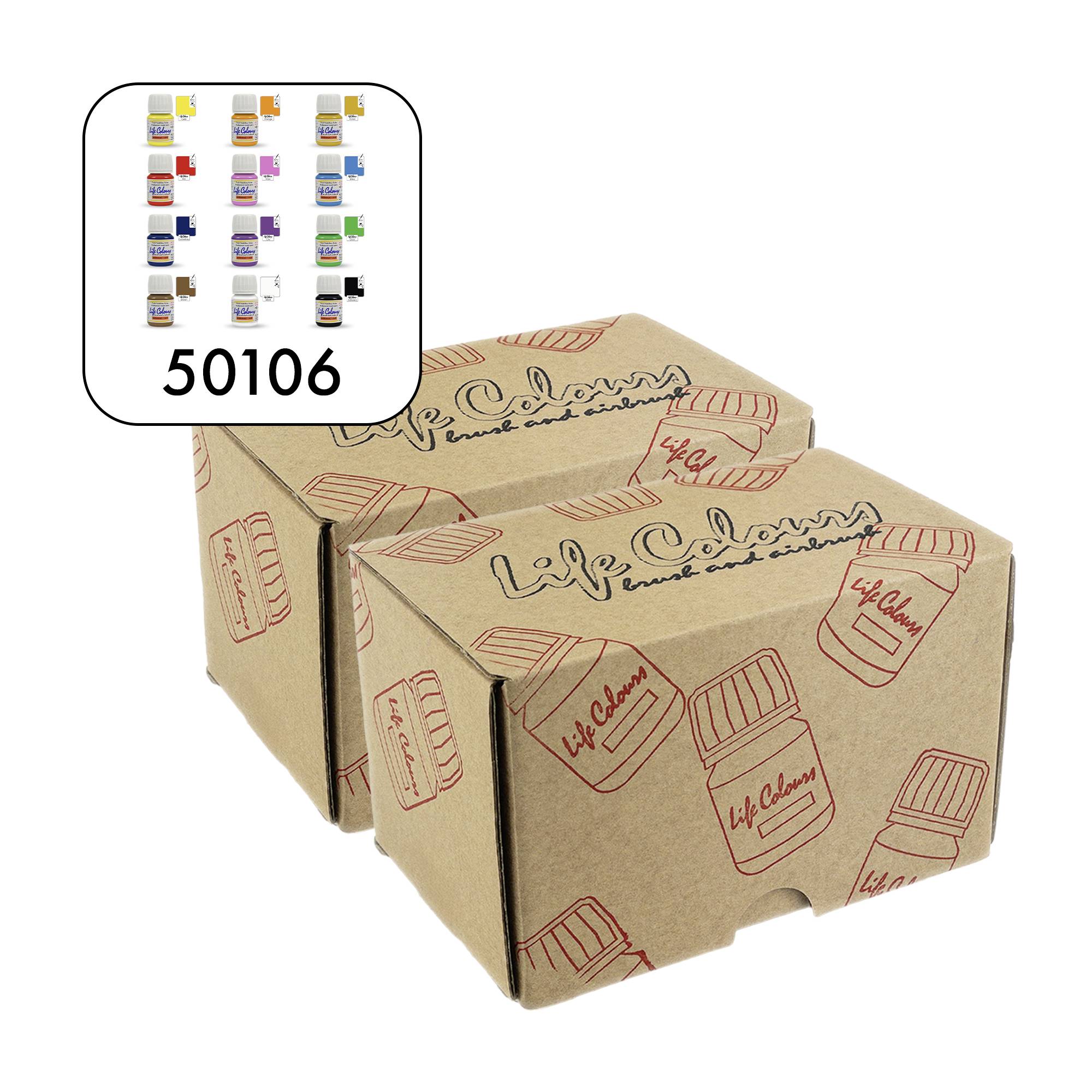 Zwei Packungen 'Life Colors' Nagellack in braunen Kartons. Oben links eine Übersicht der verfügbaren Farben und die Zahl '50106'.