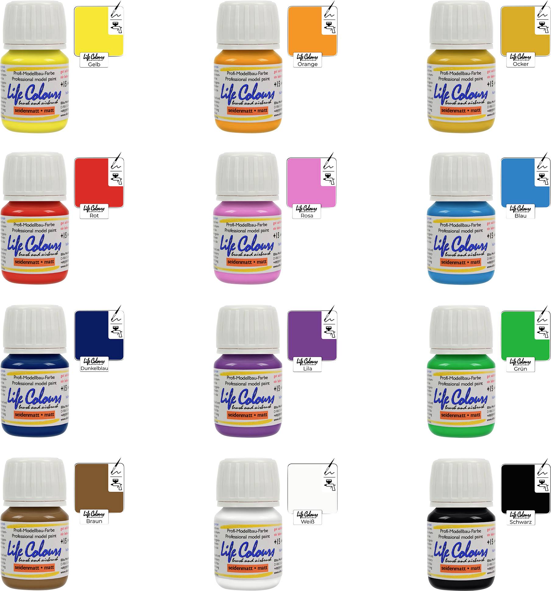 Eine Auswahl an Acrylfarben in Flaschen, in verschiedenen Farben wie Gelb, Orange, Rot, Grün, Blau, Braun und Schwarz dargestellt.